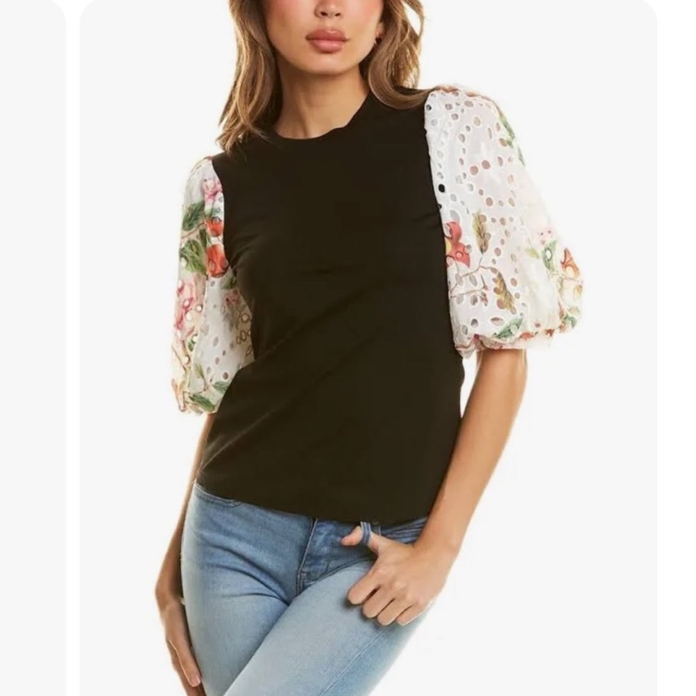 NWT Gracia Floral Eyelet Puff Sleeve Blouse Black XL